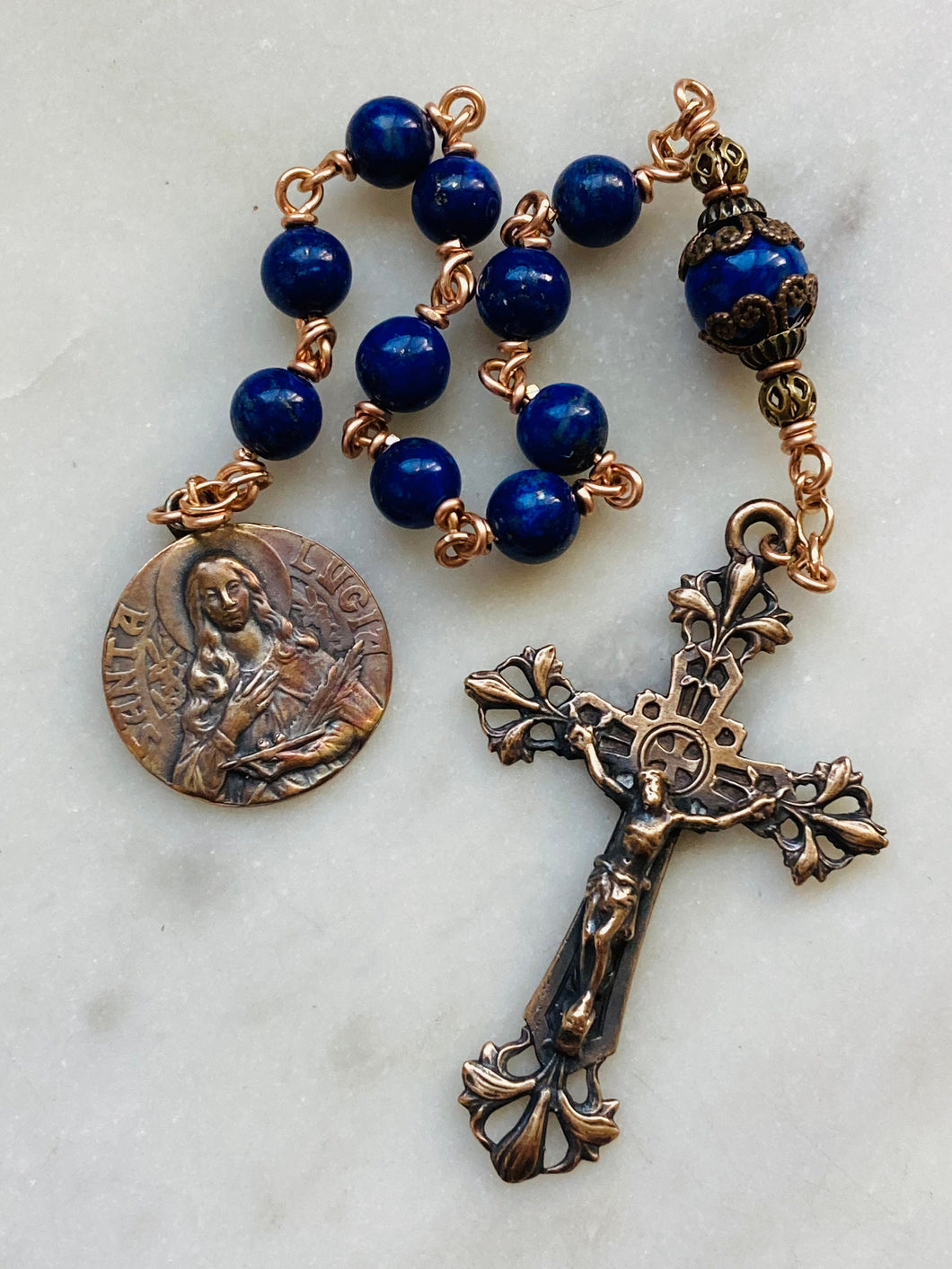 Saint Lucy Rosary - Lapis and Bronze - One Decade Rosary - Pocket Rosary - Lilies Crucifix CeCeAgnes