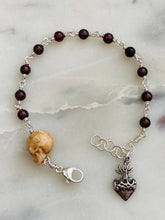 Load image into Gallery viewer, Sterling Silver Garnet Rosary Bracelet with Ox Bone Skull
