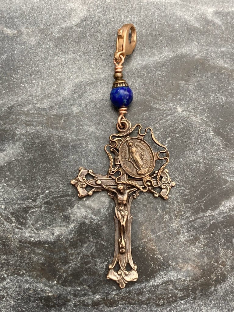 Bag Charm Crucifix Zipper Pull - Bronze and Lapis