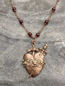 Immaculate Heart Necklace - Solid Bronze and Garnet