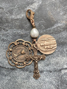 Catholic Medals Bag Charm - Solid Bronze - Holy Eucharist Guardian Angel