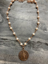 Load image into Gallery viewer, Miraculous Medal Necklace -Rosary - Freshwater Pearl and Bronze
