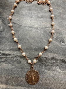 Miraculous Medal Necklace -Rosary - Freshwater Pearl and Bronze