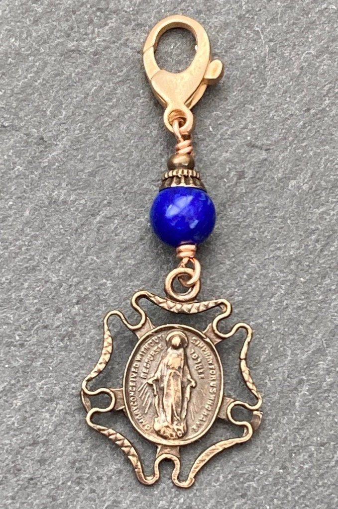 Bag Charm Miraculous Medal Virgin Mary Zipper Pull - Bronze and Lapis