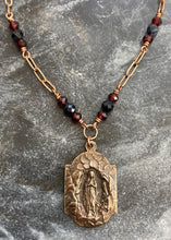 Load image into Gallery viewer, Virgin Mary Lourdes Grotto Necklace - Sapphire Garnet and Bronze
