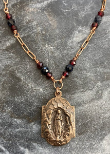 Virgin Mary Lourdes Grotto Necklace - Sapphire Garnet and Bronze