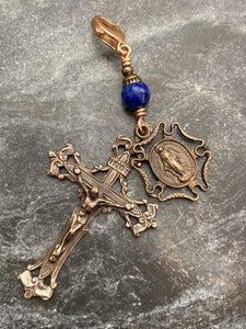 Bag Charm Crucifix Zipper Pull - Bronze and Lapis