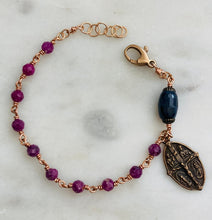 Load image into Gallery viewer, Four Way Cross Ruby Sapphire and Bronze Rosary Bracelet
