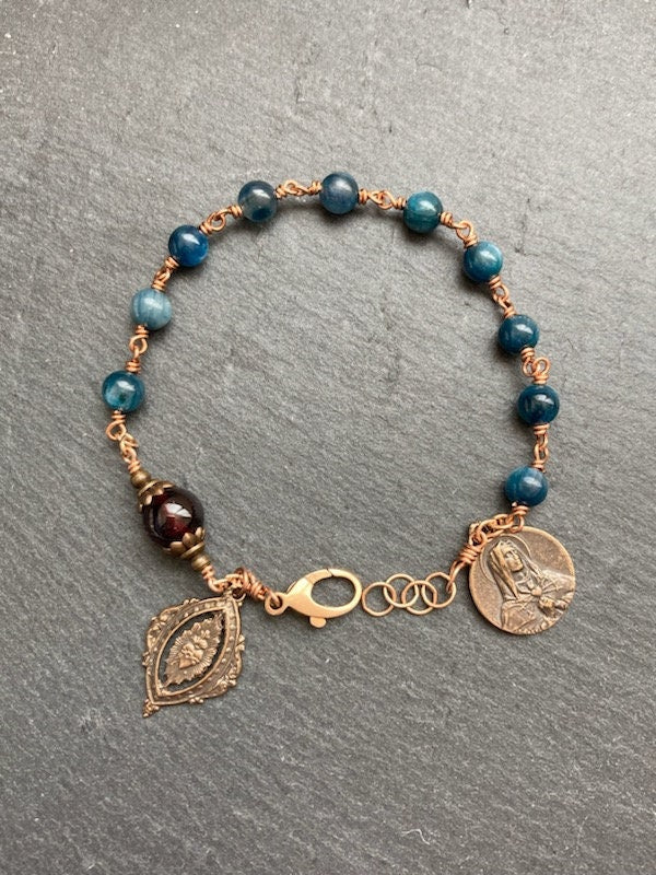 Sacred Heart - Our Lady of Sorrows - Kyanite Garnet and Bronze Rosary Bracelet