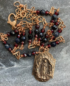 Virgin Mary Lourdes Grotto Necklace - Sapphire Garnet and Bronze