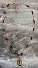 Load image into Gallery viewer, Virgin Mary Lourdes Grotto Necklace - Sapphire Garnet and Bronze
