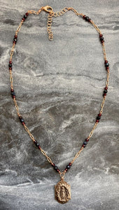 Virgin Mary Lourdes Grotto Necklace - Sapphire Garnet and Bronze