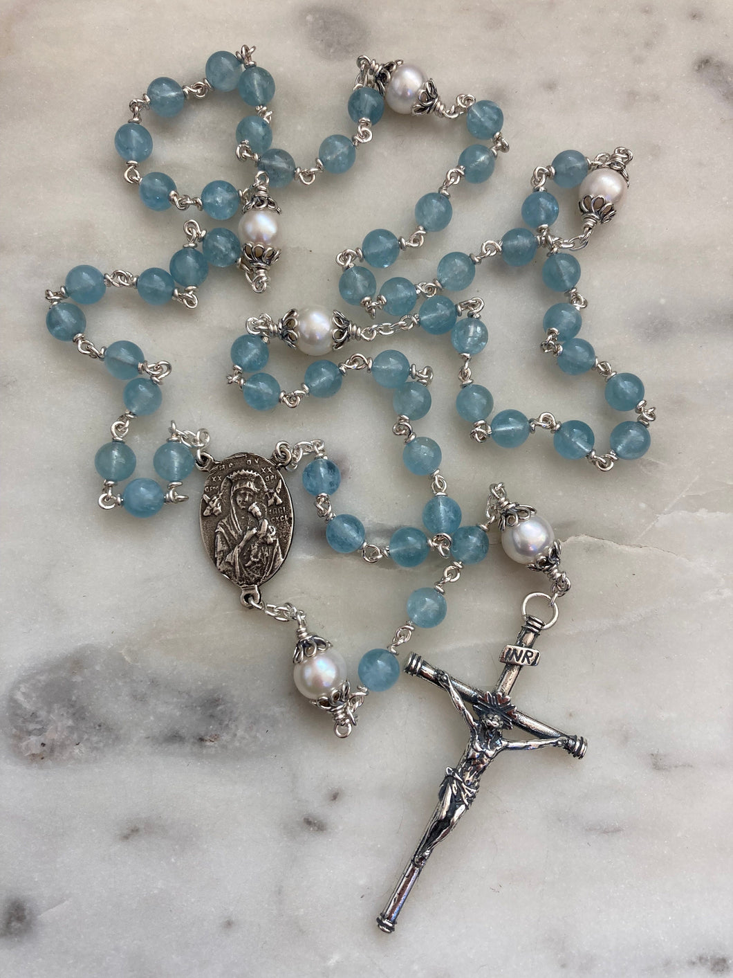 Aquamarine Rosary - Sterling Silver - Our Lady of Perpetual Help - CeCeAgnes