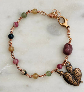 Pierced Heart Watermelon Tourmaline and Bronze Rosary Bracelet