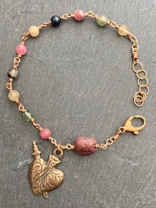 Pierced Heart Watermelon Tourmaline and Bronze Rosary Bracelet