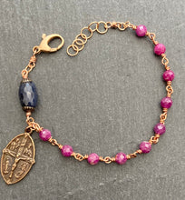 Load image into Gallery viewer, Four Way Cross Ruby Sapphire and Bronze Rosary Bracelet
