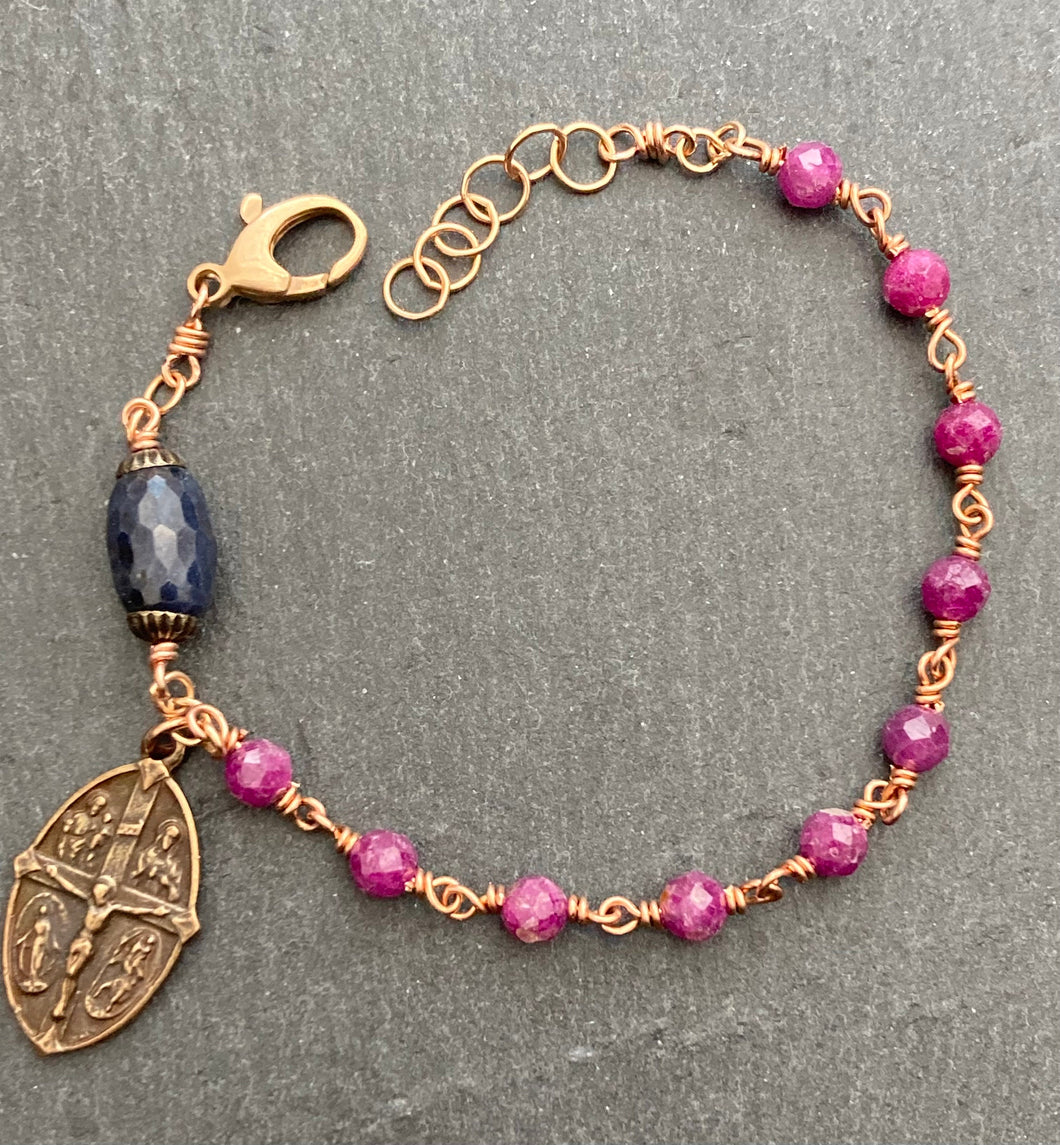 Four Way Cross Ruby Sapphire and Bronze Rosary Bracelet