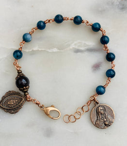 Sacred Heart - Our Lady of Sorrows - Kyanite Garnet and Bronze Rosary Bracelet