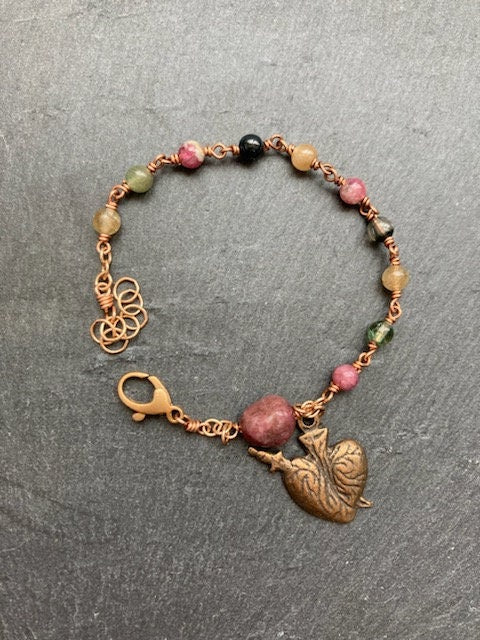 Pierced Heart Watermelon Tourmaline and Bronze Rosary Bracelet