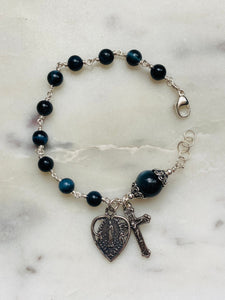 Blue Tiger eye Rosary Bracelet - All Sterling - Wire-wrapped CeCeAgnes