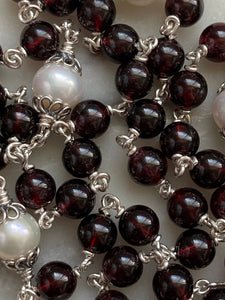 Garnet Gemstone and Freshwater Pearl Rosary - Sterling and Sterling Silver CeCeAgnes