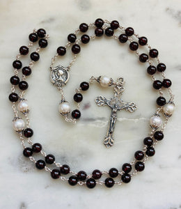 Garnet Gemstone and Freshwater Pearl Rosary - Sterling and Sterling Silver CeCeAgnes