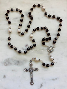 Garnet Gemstone and Freshwater Pearl Rosary - Sterling and Sterling Silver CeCeAgnes