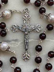 Garnet Gemstone and Freshwater Pearl Rosary - Sterling and Sterling Silver CeCeAgnes