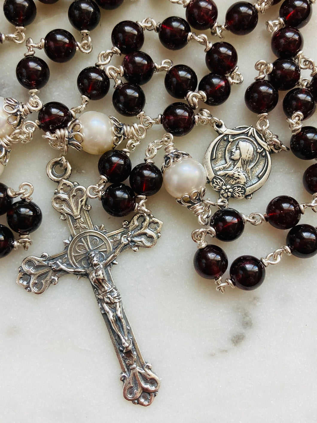 Garnet Gemstone and Freshwater Pearl Rosary - Sterling and Sterling Silver CeCeAgnes