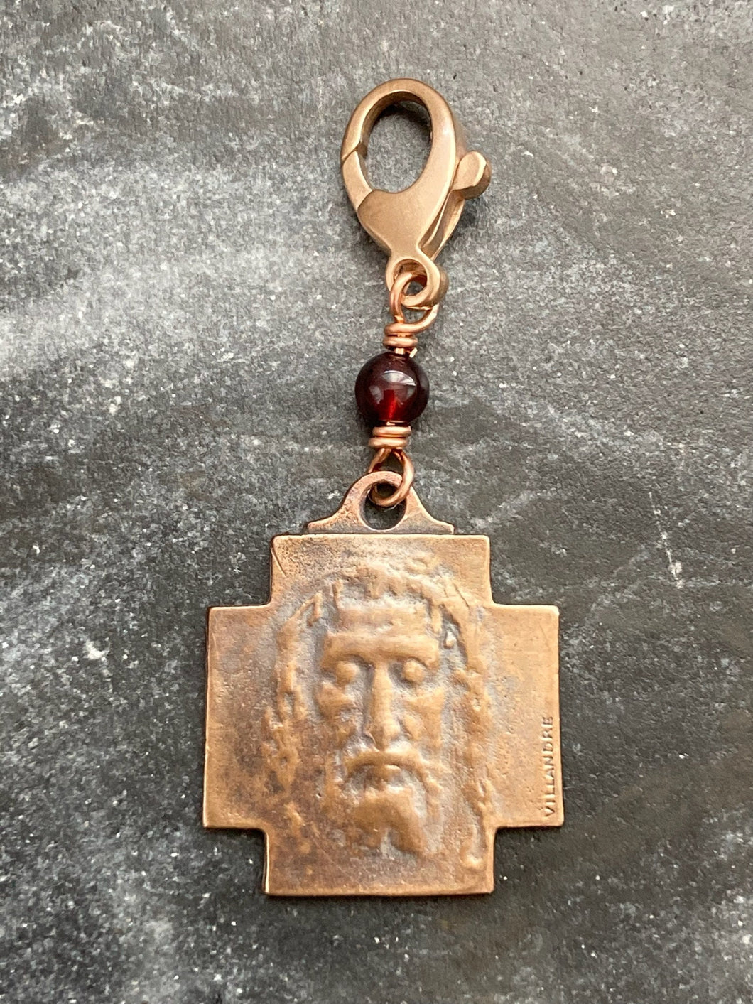 Bag Charm Holy Face of Jesus Zipper Pull - Bronze and Garnet