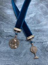 Load image into Gallery viewer, Velvet Catholic Bookmark - Blessed Sacrament and Joan of Arc - Bronze - Blue Velvet
