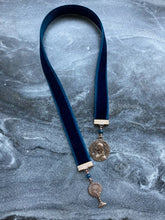 Load image into Gallery viewer, Velvet Catholic Bookmark - Blessed Sacrament and Joan of Arc - Bronze - Blue Velvet
