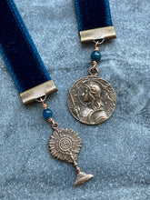 Load image into Gallery viewer, Velvet Catholic Bookmark - Blessed Sacrament and Joan of Arc - Bronze - Blue Velvet

