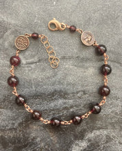 Load image into Gallery viewer, Virgin Mary Garnet and Bronze Rosary Bracelet - Chi Rho and Marian Auspice
