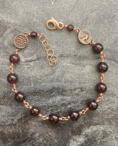 Virgin Mary Garnet and Bronze Rosary Bracelet - Chi Rho and Marian Auspice