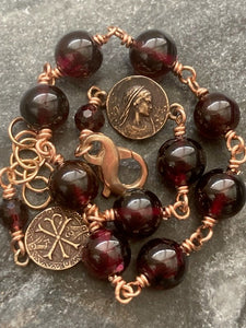 Virgin Mary Garnet and Bronze Rosary Bracelet - Chi Rho and Marian Auspice