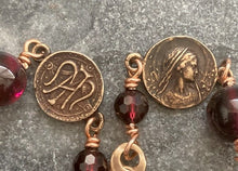 Load image into Gallery viewer, Virgin Mary Garnet and Bronze Rosary Bracelet - Chi Rho and Marian Auspice
