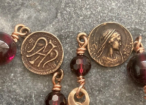 Virgin Mary Garnet and Bronze Rosary Bracelet - Chi Rho and Marian Auspice