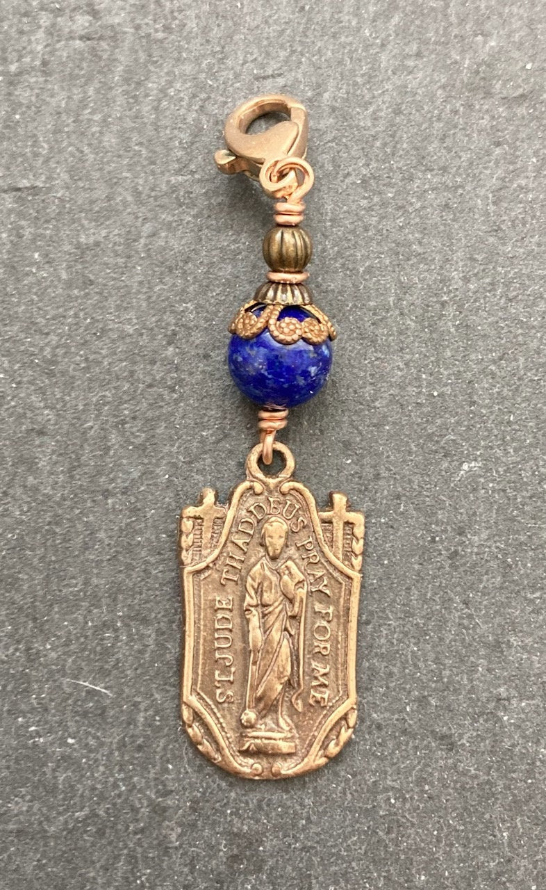 Bag Charm Saint Jude Zipper Pull - Bronze and Lapis