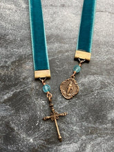 Load image into Gallery viewer, Velvet Catholic Bookmark - Virgin Mary - Bronze - Blue Velvet
