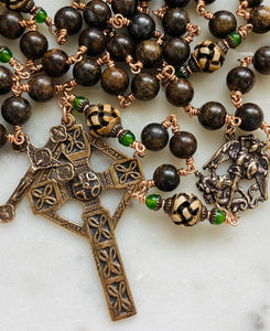 Bronze Saint Michael Celtic Cross Rosary - Bronzite and Bone - CeCeAgnes