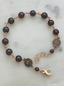 Virgin Mary Garnet and Bronze Rosary Bracelet - Chi Rho and Marian Auspice