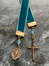 Load image into Gallery viewer, Velvet Catholic Bookmark - Virgin Mary - Bronze - Blue Velvet
