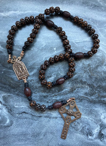 Our Lady Undoer of Knots Rosary - Bronze Antique Wood Carved Bone and Leather