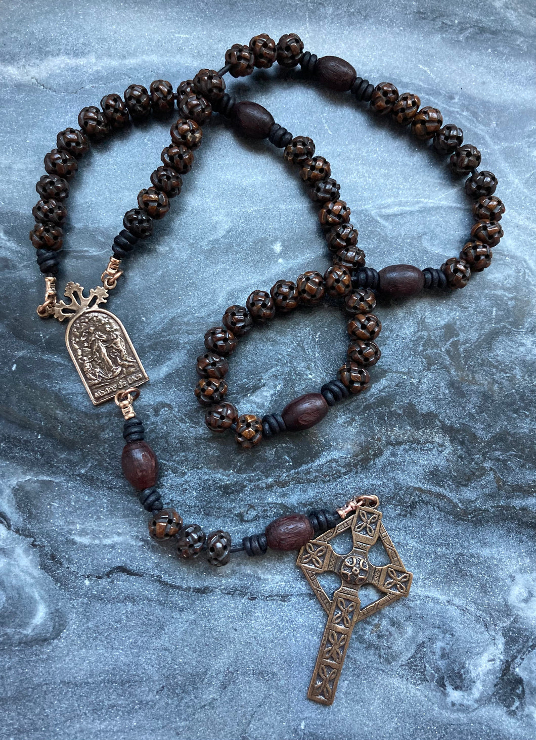 Our Lady Undoer of Knots Rosary - Bronze Antique Wood Carved Bone and Leather