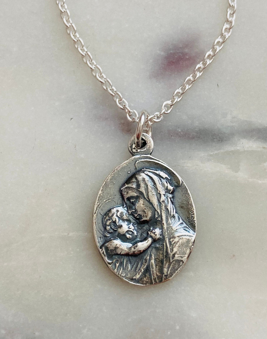 Sterling Silver Madonna and Child Necklace