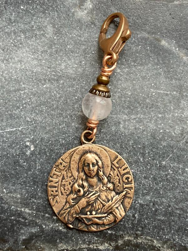 Bag Charm  Catholic Saint Lucy Zipper Pull - Bronze and Moonstone