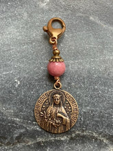Load image into Gallery viewer, Bag Charm Catholic Saint Rose Zipper Pull - Bronze and Rhodonite
