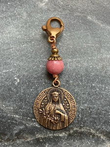 Bag Charm Catholic Saint Rose Zipper Pull - Bronze and Rhodonite