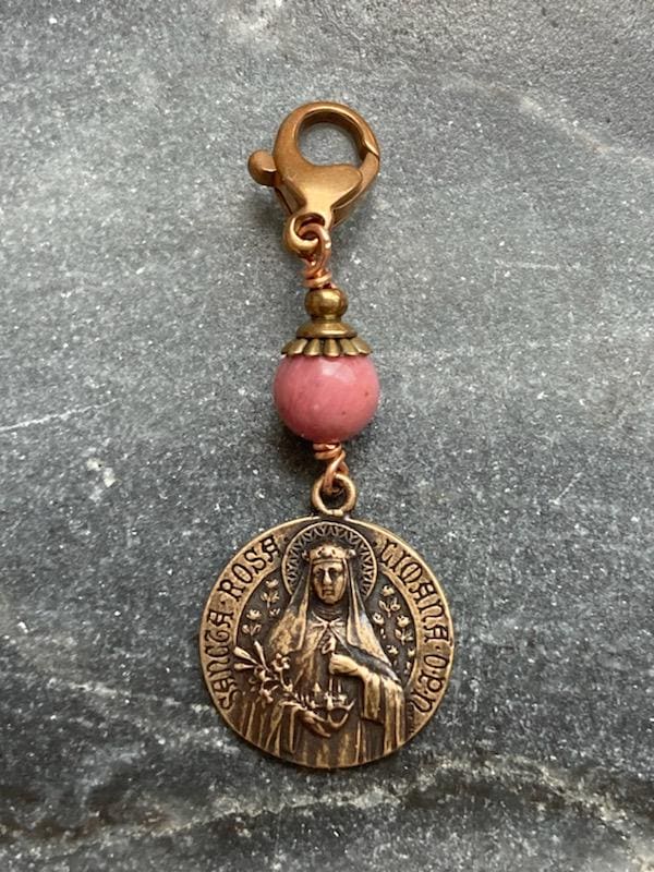 Bag Charm Catholic Saint Rose Zipper Pull - Bronze and Rhodonite